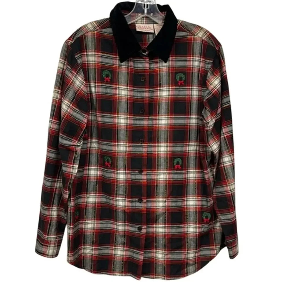 Vintage Basic Editions Plaid Ugly Christmas Wreath Button Up Top Size Large (L)